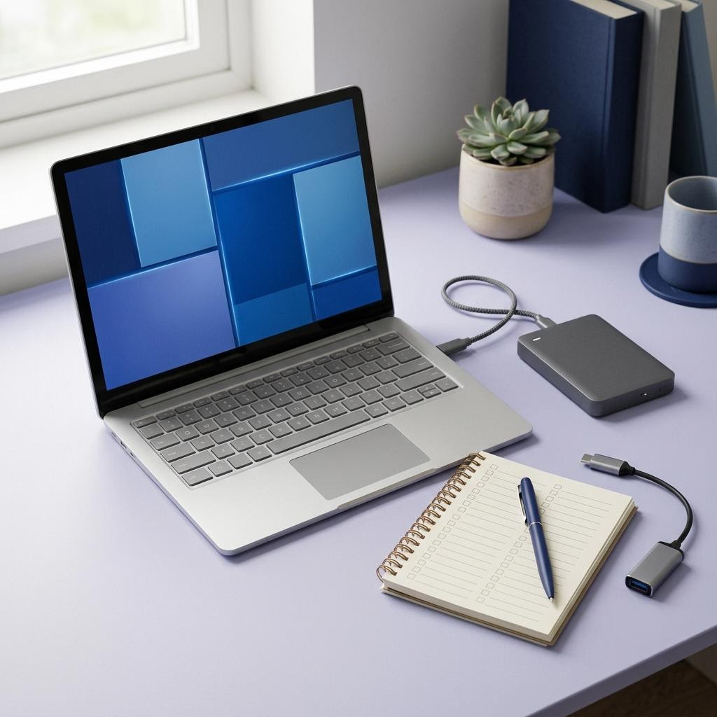 Conceptual workspace with a computer prepared for a safe driver update