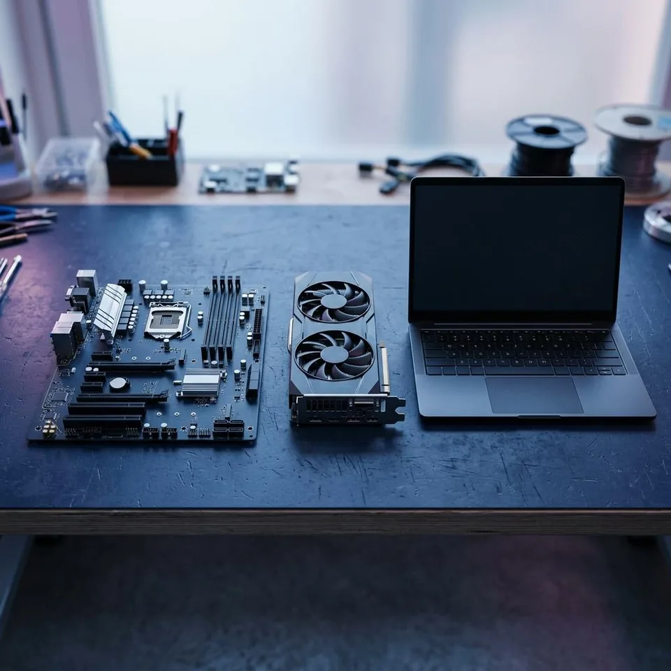 Desktop computer components arranged on a workbench